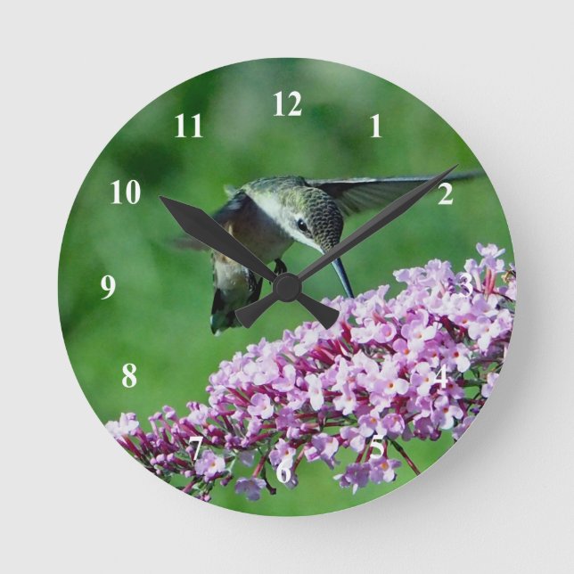 Reloj Redondo Mediano Flores rosas de colibrí