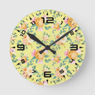 Reloj Redondo Mediano Flores Rosas florales fondo amarillo-2322