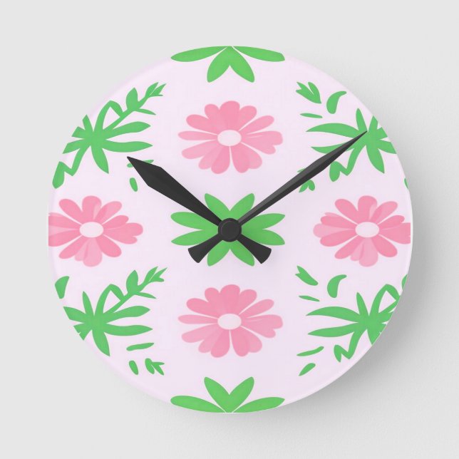 Reloj Redondo Mediano Flores rosas y hojas verdes sin inconvenientes (Anverso)
