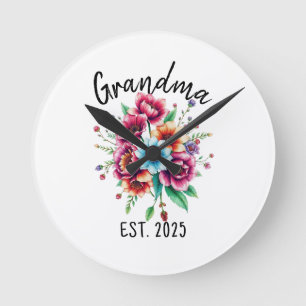 Reloj Redondo Mediano Flores salvajes de color acuarela Abuela