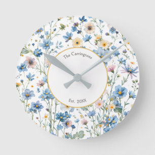 Reloj Redondo Mediano Flores Silvestres Azules Jardín Rústico de Campo F