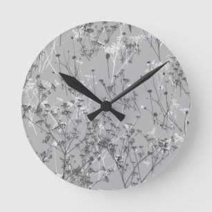 Reloj Redondo Mediano Flores silvestres de color blanco gris abstracto m