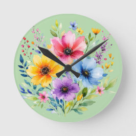 Reloj Redondo Mediano Flores silvestres pintadas a la acuarela