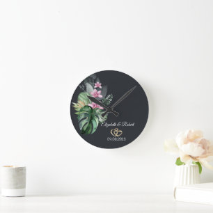 Reloj Redondo Mediano Flores Tropicales Boda Oscura