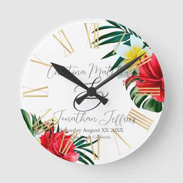 Reloj Redondo Mediano Flores tropicales hawaianas en blanco elegante (Anverso)
