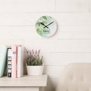 Reloj Redondo Mediano Flores Verdes Acuarela Moderna & personalizar