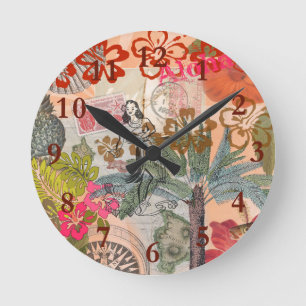 Reloj Redondo Mediano Flores Vintage Hula Coloridas Hawaianas Tropicales