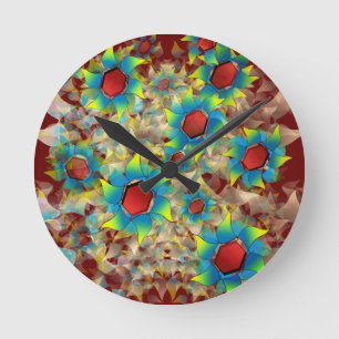 Reloj Redondo Mediano Flores virtuales raras, pétalos azulados sobre roj