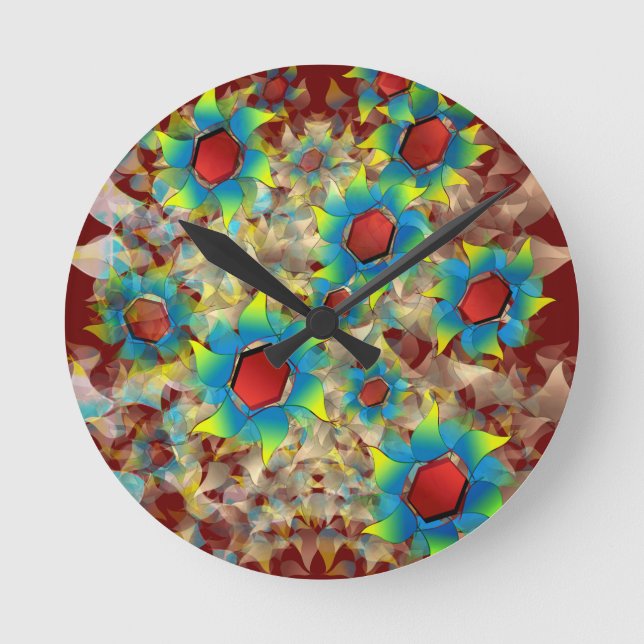 Reloj Redondo Mediano Flores virtuales raras, pétalos azulados sobre roj (Anverso)