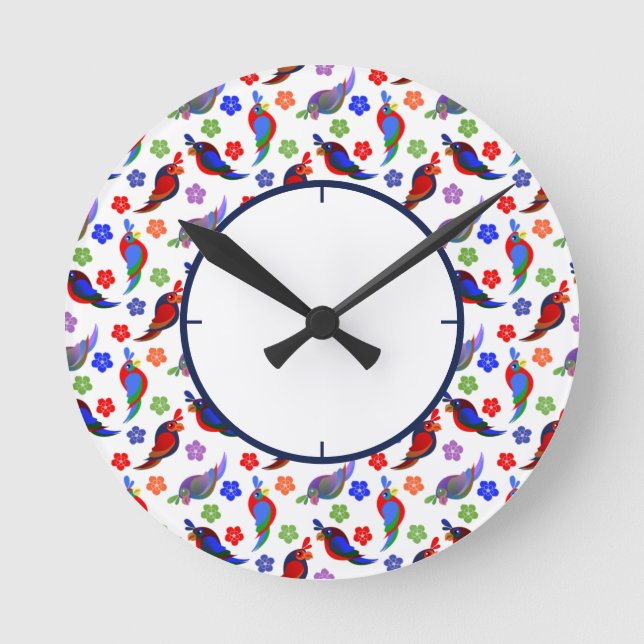 Reloj Redondo Mediano Flores y loros (Anverso)