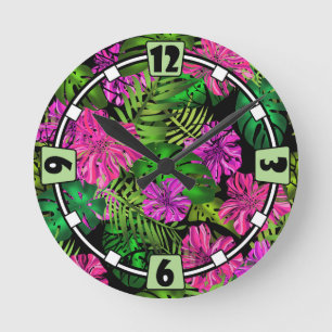 Reloj Redondo Mediano Flores y plantas tropicales sobre negro