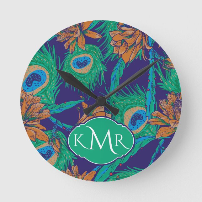 Reloj Redondo Mediano Flores Y Plumas | Monograma (Anverso)