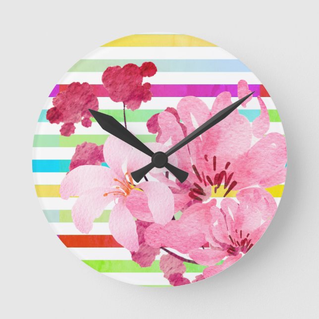 Reloj Redondo Mediano Flores Y Tiras Rosadas De bonito (Anverso)