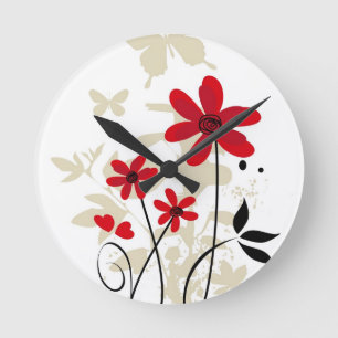 Reloj Redondo Mediano Flowes y mariposas rojos