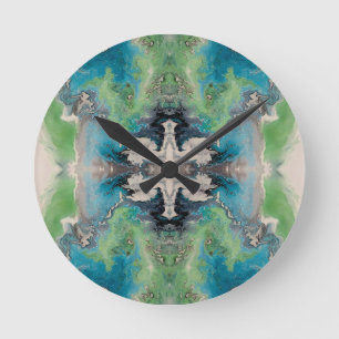 Reloj Redondo Mediano Fluido Artístico Abstracto en Aqua y Verde