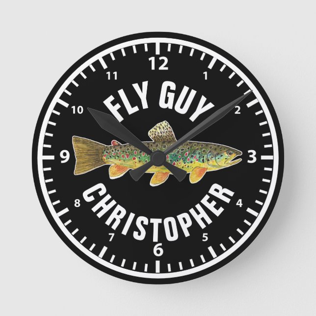 Reloj Redondo Mediano FLY GUY Brown Trucha Pesca Personalizada Pescador (Anverso)