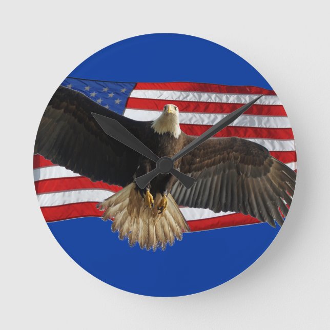 Reloj Redondo Mediano Flying Bald Eagle USA Regalo Patriótico (Anverso)