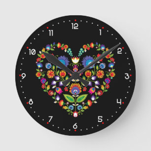 Reloj Redondo Mediano Folclore corazón, estilo Wycinanki
