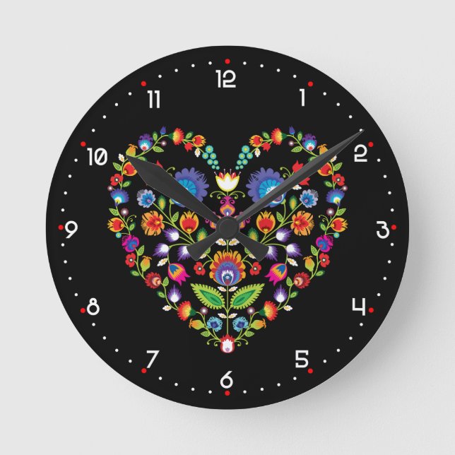 Reloj Redondo Mediano Folclore corazón, estilo Wycinanki  (Anverso)