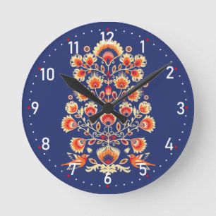 Reloj Redondo Mediano 💙 💛 🧡 Folklore con flores y pájaros amarillos