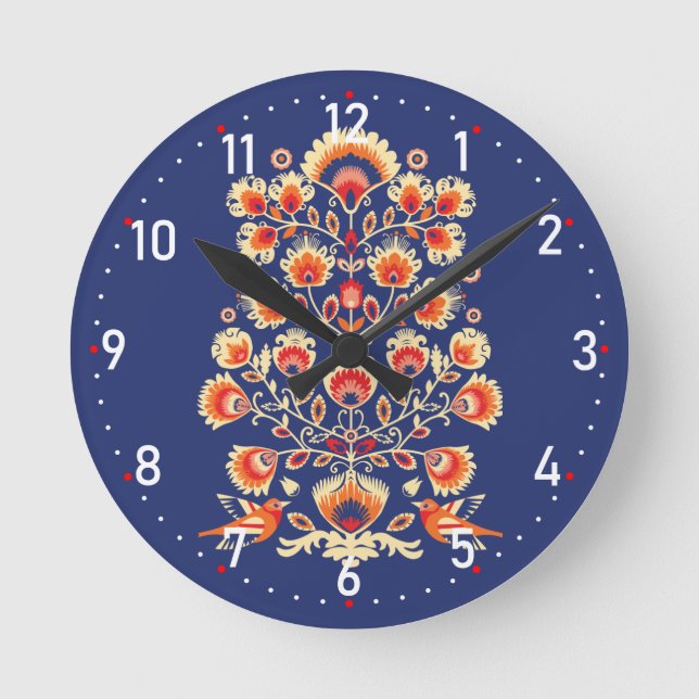 Reloj Redondo Mediano 💙 💛 🧡 Folklore con flores y pájaros amarillos (Anverso)