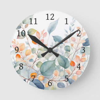 Reloj Redondo Mediano Follaje Verde Naranja Azul Hojas