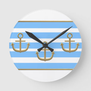 Reloj Redondo Mediano fondo blanco azul del ancla dorada