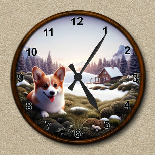 Reloj Redondo Mediano Fondo de escena de corgi de corte personalizable