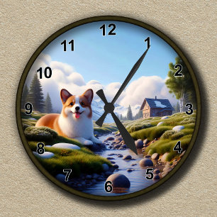 Reloj Redondo Mediano Fondo de escena de corgi de corte personalizable