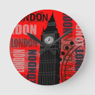 Reloj Redondo Mediano Fondo rojo del collage de Big Ben Londres moderno