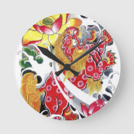 Reloj Redondo Mediano Foo Dog & Lotus Tattoo Design