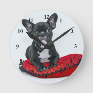 Reloj Redondo Mediano Foto de almohada negra de Bulldog francés