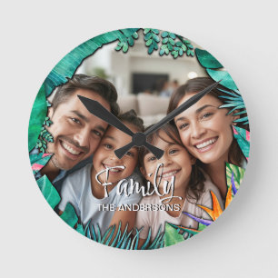 Reloj Redondo Mediano Foto de familia personalizada Nombre Tropical Aqua