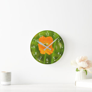 Reloj Redondo Mediano Foto de Flor de Amapola Naranja en Flor sobre Verd