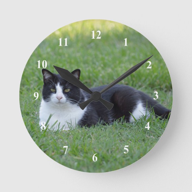 Reloj Redondo Mediano Foto de gato de bonito negro y blanco (Anverso)