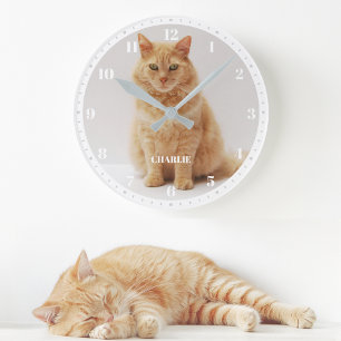 Reloj Redondo Mediano Foto de gato personalizada con nombre y números Bl
