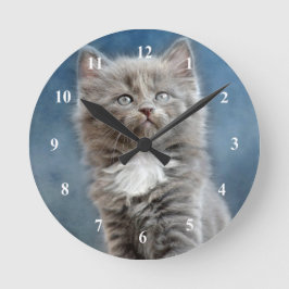 Reloj Redondo Mediano Foto de Gris y Gatito Blanco