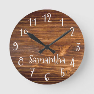 Reloj Redondo Mediano Foto de madera marrón personalizada de números bla
