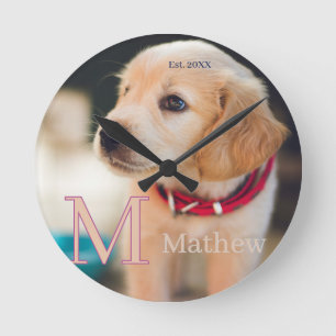Reloj Redondo Mediano foto de perro mascota monograma de nombre año est