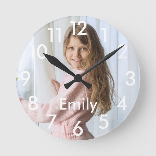 Reloj Redondo Mediano Foto Personalizada Y Nombre Moderno (Anverso)