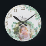 Reloj Redondo Mediano Foto personalizado   texto | Elegante vegetación g<br><div class="desc">Foto personalizado y caligrafía Texto Elegante Marco de vegetación geométrica Reloj redondo</div>