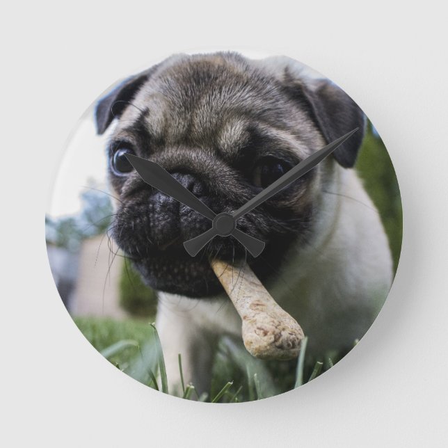 Reloj Redondo Mediano Foto y nombre personalizados de perro de pug (Anverso)