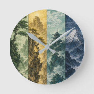 Reloj Redondo Mediano Four Seasons Mountain   Paisaje de Tinta Japonesa