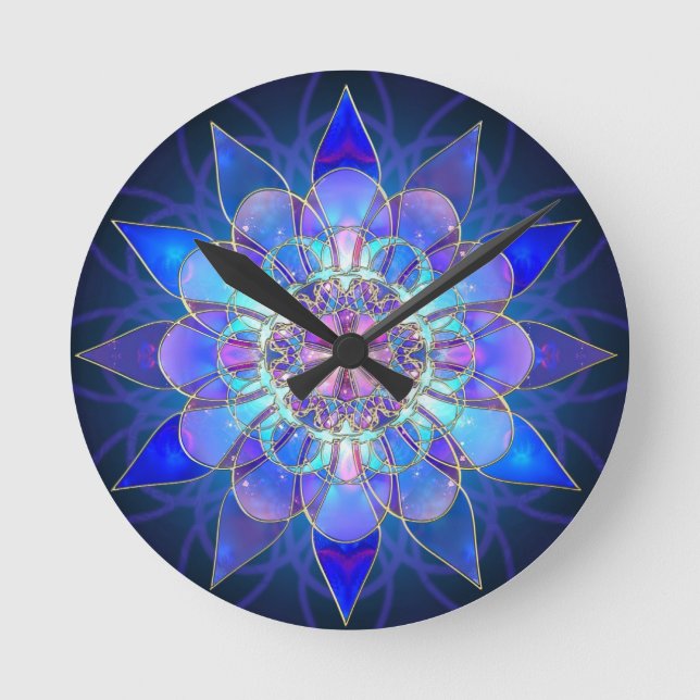 Reloj Redondo Mediano Fractal azul de la mandala de la flor (Anverso)