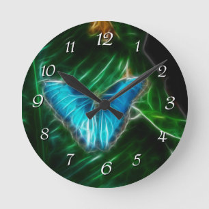 Reloj Redondo Mediano Fractal azul de la mariposa de Morpho
