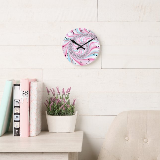 Reloj Redondo Mediano Fractal de espiral de caña azul pastel (Sala de lectura)