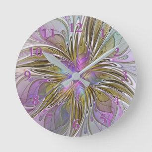 Reloj Redondo Mediano Fractal floral colorido con rosado y oro