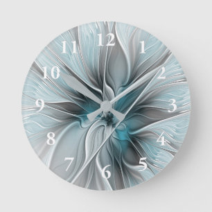 Reloj Redondo Mediano Fractal Floral Moderno Abstracto Flor Azul Gris