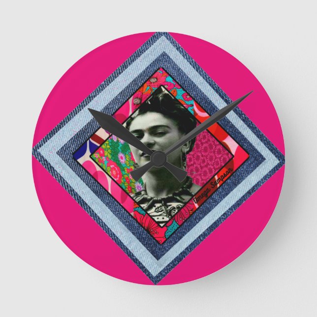 Reloj Redondo Mediano Frida Kahlo Retro Denim Diamond (Anverso)