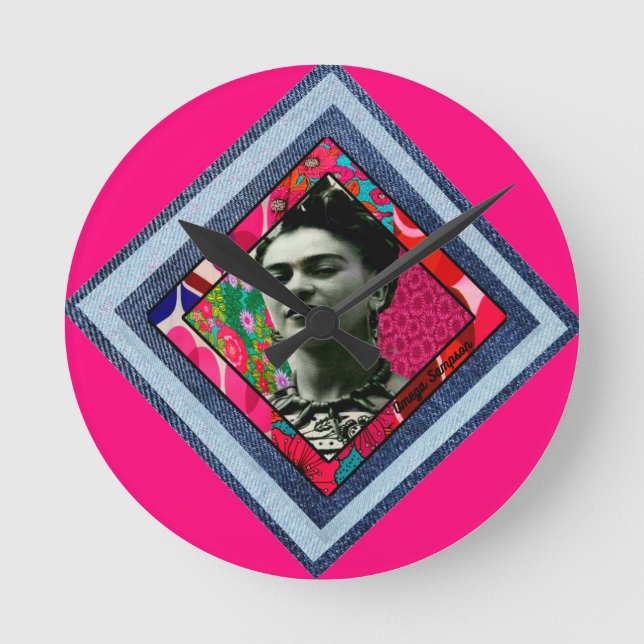 Reloj Redondo Mediano Frida Kahlo Retro Denim Diamond (Anverso)